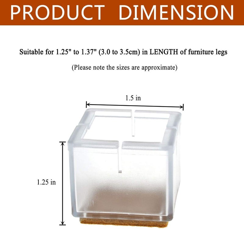 WarmHut 16 Pcs Chair Leg Floor Protectors Caps, Transparent Clear Furniture Foot Covers Silicone Chair Leg Caps with Felt Pads to Prevent Scratches & Reduce Noise, Square - Image 2
